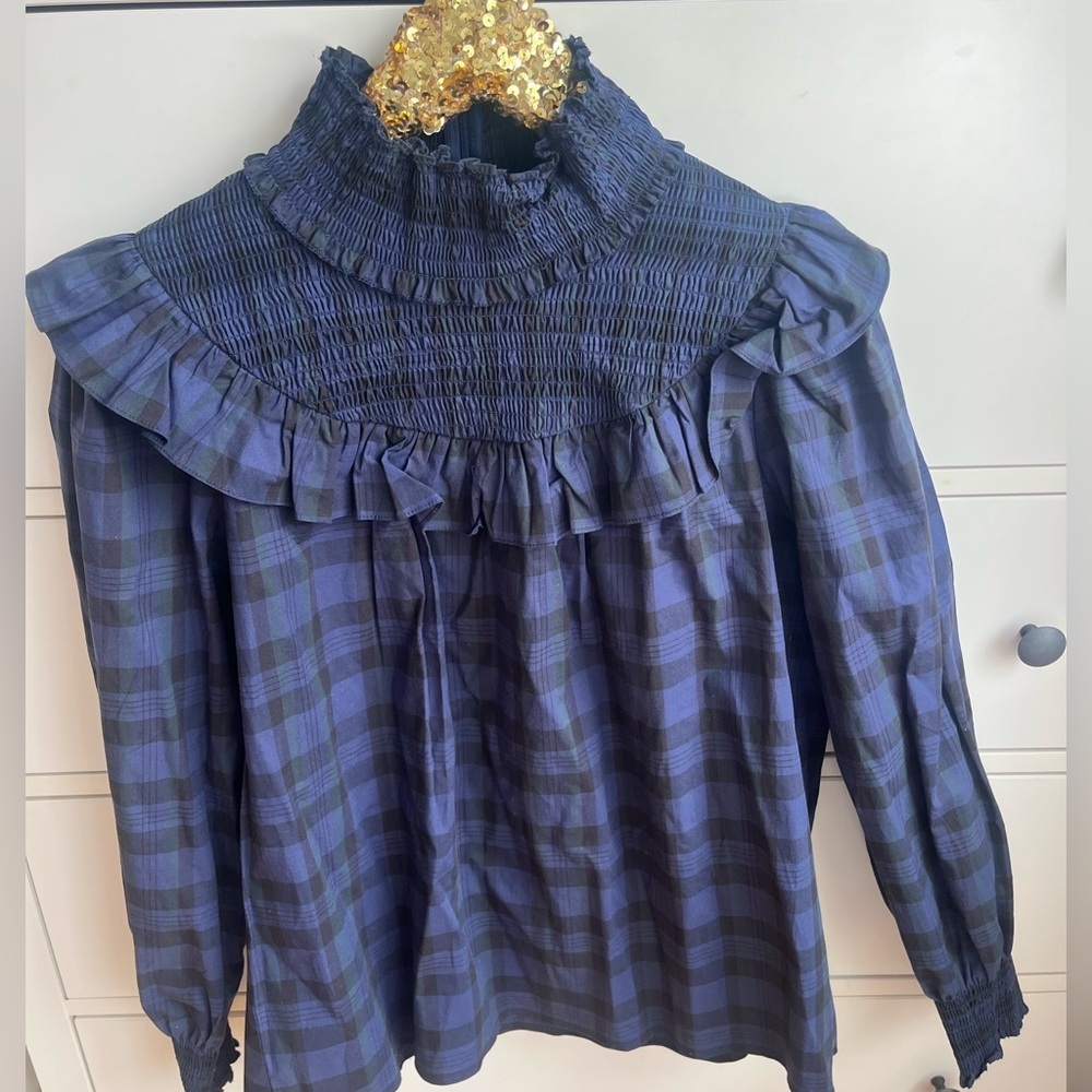 Sail to Sable STS Tartan Smocked Neck Navy Black Green Plaid Long Sleeve Blouse